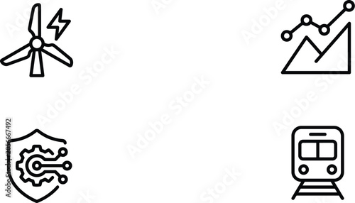 Wind Energy Icons, Security Shield and Train Transport Set
