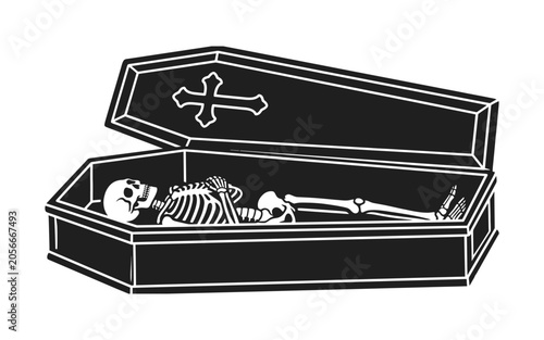 Tableau sur toile Skeleton resting in an open coffin black and white vector illustrationSkeleton r