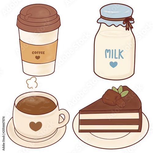 Coffee Milk and Chocolate Cake Icon Collection Hand Drawn Cafe Illustration