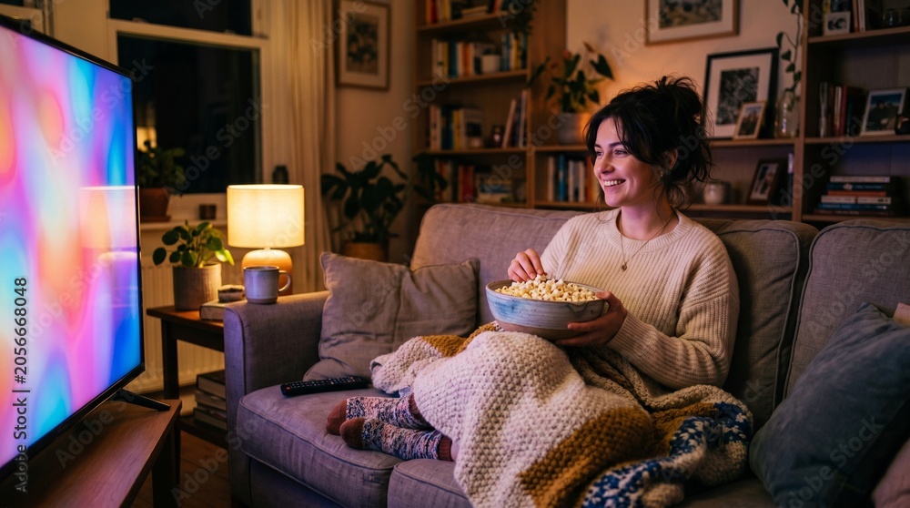 Obraz premium Young woman enjoying popcorn while watching TV on a cozy evening at home