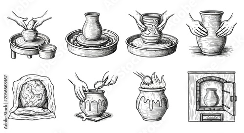 Bild auf Leinwand Pottery making process with kiln hand drawn sketch silhouette