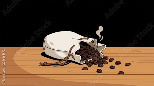 Coffee beans spilling from a white bag on a wooden table with steam.