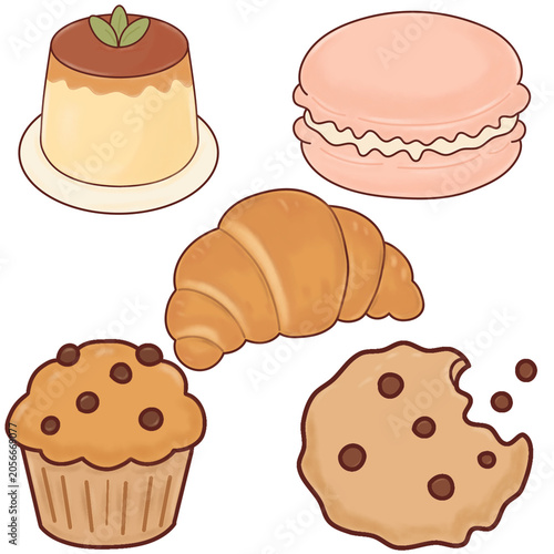 Pastry Dessert Icon Collection Croissant Macaron Cookie and Muffin Illustration