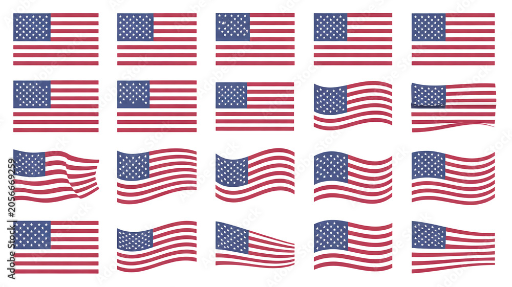 Fototapeta premium Collection of 20 waving and straight American flags in various positions and styles