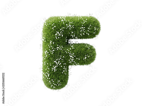 Letter F made of green grass and white flowers