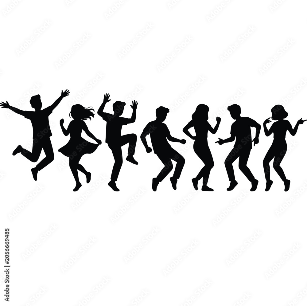 Obraz premium Silhouette Of A Group Of Happy Young People Dancing And Jumping At A Party