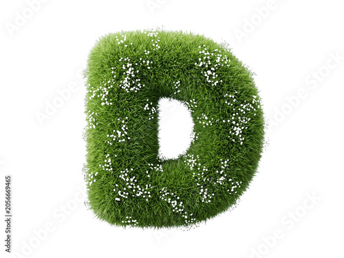 Letter D made of green grass and white flowers