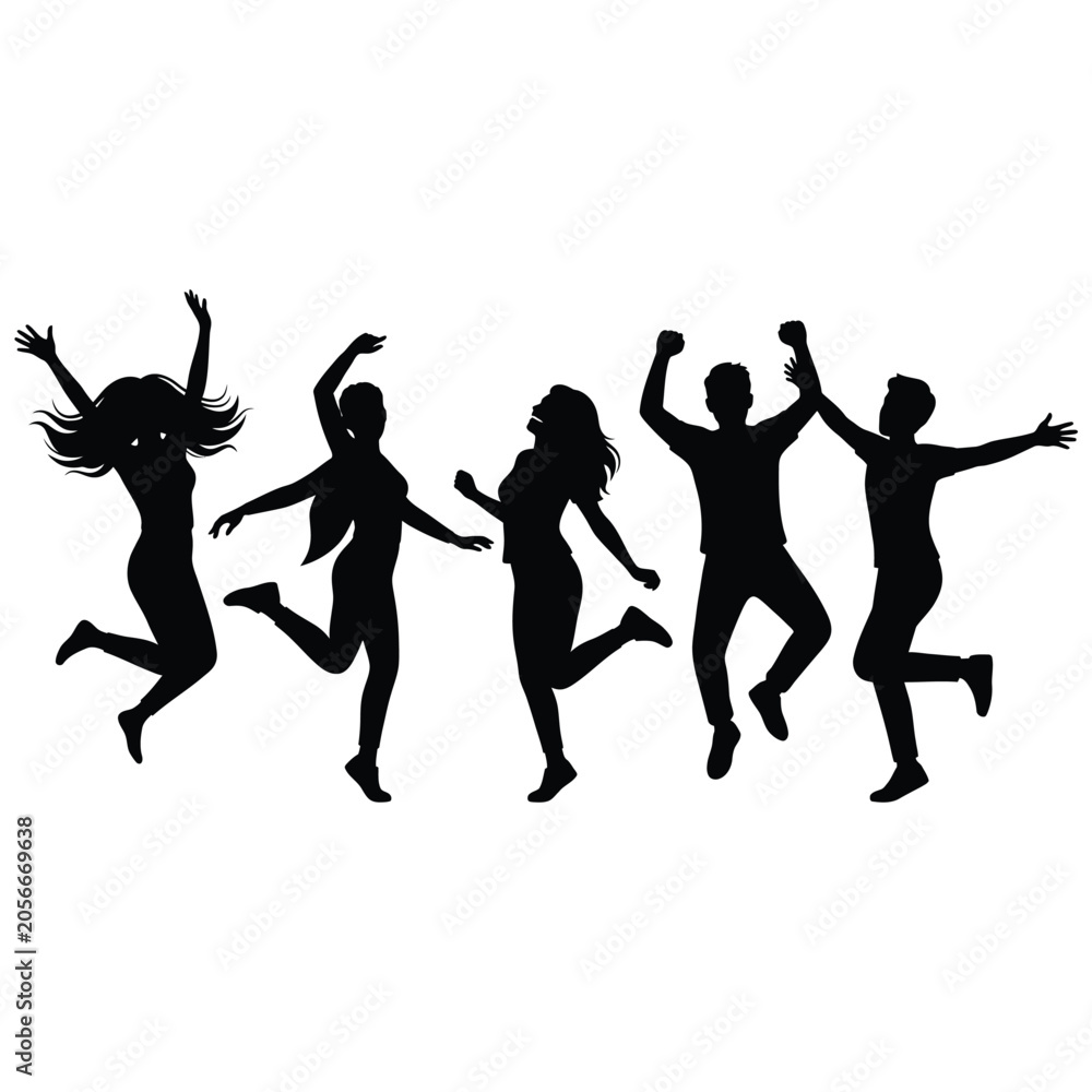 Fototapeta premium Silhouette Of A Joyful Group Of Young Friends Jumping And Dancing Together In Celebration