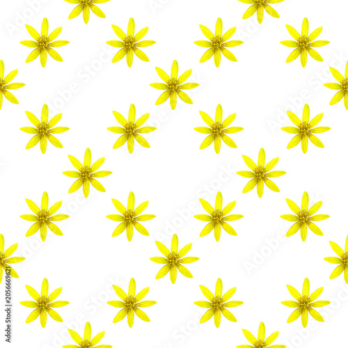 Spring flowers. Seamless watercolor pattern with yellow lesser celandine flowers in a checkerboard layout. Perfect for fabric, wallpaper, wrapping paper and stationery design.