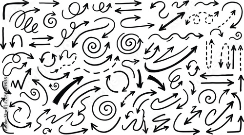 Sketch Arrow Icons, Spiral Curve Dashed and Straight Pointer Set