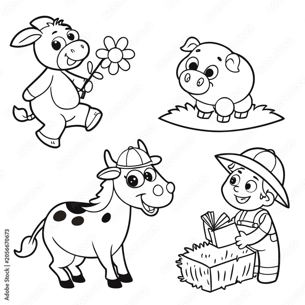 Fototapeta premium Cute cartoon farm animals and farmer coloring page for kids with a collection of cute farm animals