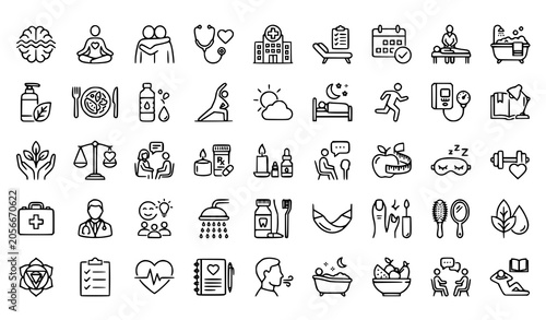 Wellbeing and healthcare line icon collection with mental health spa and cosmetic symbols