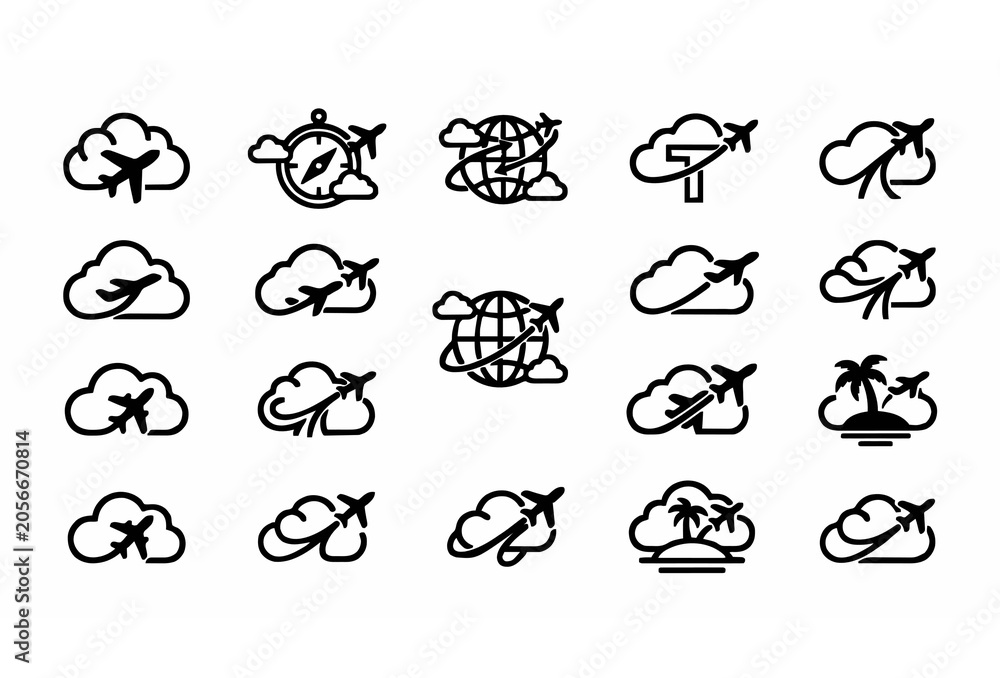 Obraz premium Cloud and Airplane Emblem Vector Pack with Globe Compass Tropical Island Palm Tree Travel Sky Flight Logos
