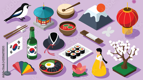 A traditional Korean scene showcases various cultural symbols, food, and a woman in a hanbok standing beside a blooming tree.