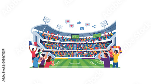 Spectators in stadium watching football match with flags and banners.