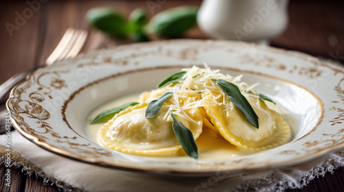 Elegant plate of Italian ravioli pasta served in a creamy butter sauce with fresh sage leaves and parmesan.