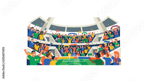 Enthusiastic soccer stadium crowd cheering for their favorite team during a championship.