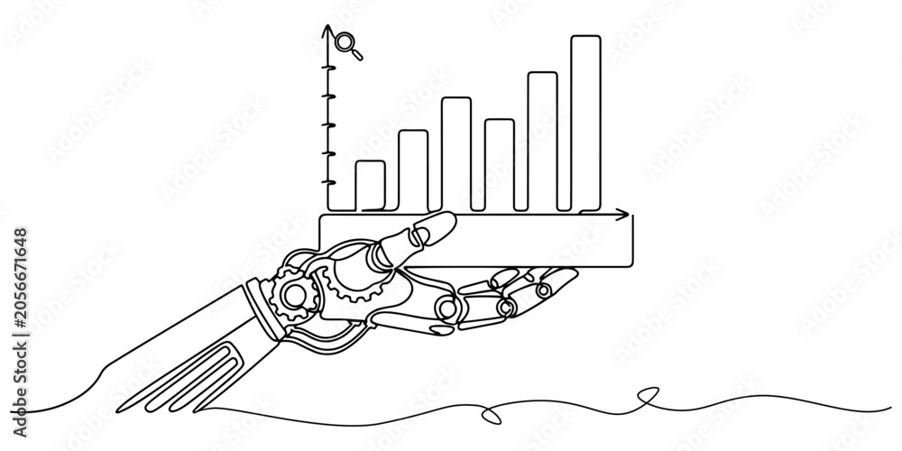 Obraz premium Robotic hand holding a bar chart symbolizing automation, business intelligence, and performance analysis, hand-drawn vector outline illustration.