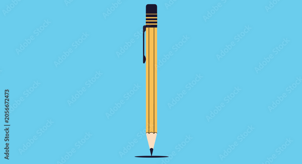 Naklejka premium Long yellow wooden pencil with a black eraser standing upright on a blue background with a shadow at the tip.