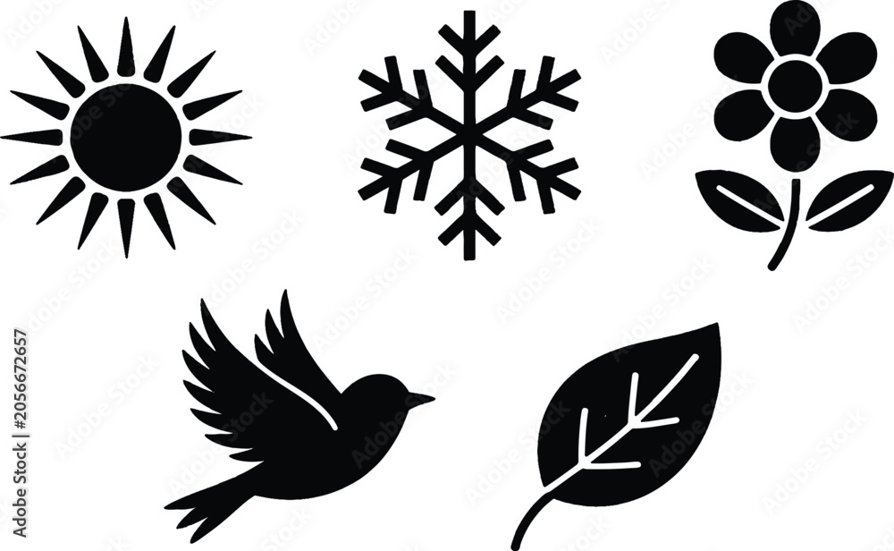 Obraz premium Seasonal icons show sun, snowflake, flower, bird, and leaf in black.
