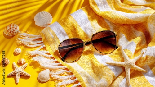 Yellow beach towel with sunglasses, starfish, and seashells. Warm summer vibe evokes relaxation and vacation. Ideal for travel, fashion, or wellness content