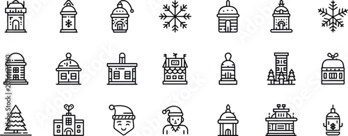Foto Winter holiday icons set houses snowflakes hot drinks and festive elements
