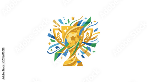 Golden soccer trophy with abstract colorful shapes and starburst elements celebrating victory.