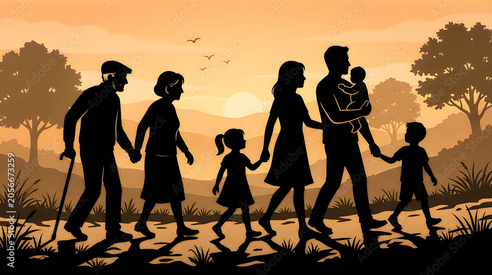 Fototapeta premium Family, people, walking, silhouette, sunset, landscape