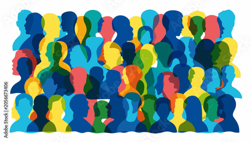 Фотография Overlapping human head silhouettes in vibrant colors against a white background