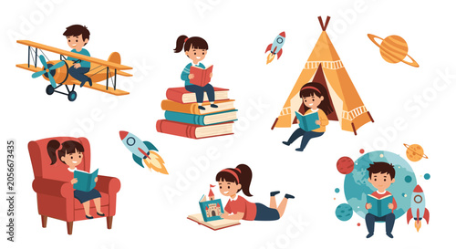 Diverse group of children engaged in reading books in imaginative settings like an airplane a tent and sitting on the world.