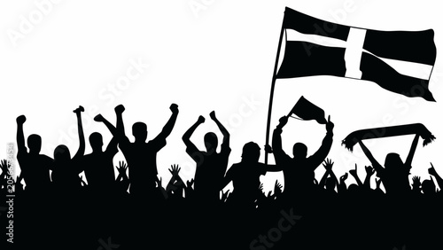 Tablou pe pânză Black silhouette of a cheering crowd with a waving flag on a white background
