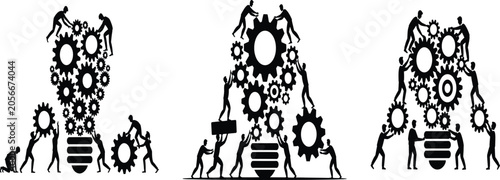 Industrial teamwork, gear mechanisms, worker collaboration, factory workflow, engineering process
