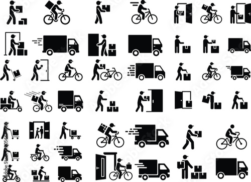 Logistics icons, delivery symbols, transportation signs, 40 black silhouette graphics