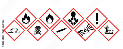 Hazardous material warning signs set isolated on white background. GHS hazard vector pictograms. Hazmat flat placards  or labels with 9 classes. 