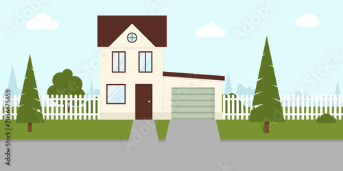 Modern Green Minimalist Residential House with Garage and White Picket Fence Vector