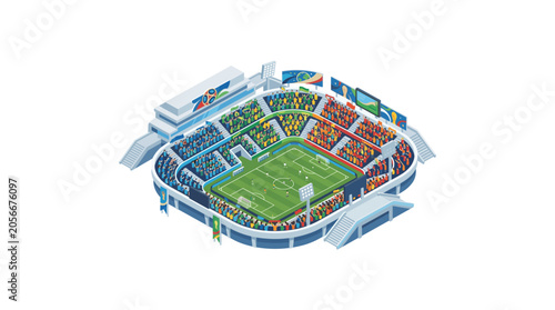 Isometric view of a modern soccer stadium with a full crowd and scoreboard.