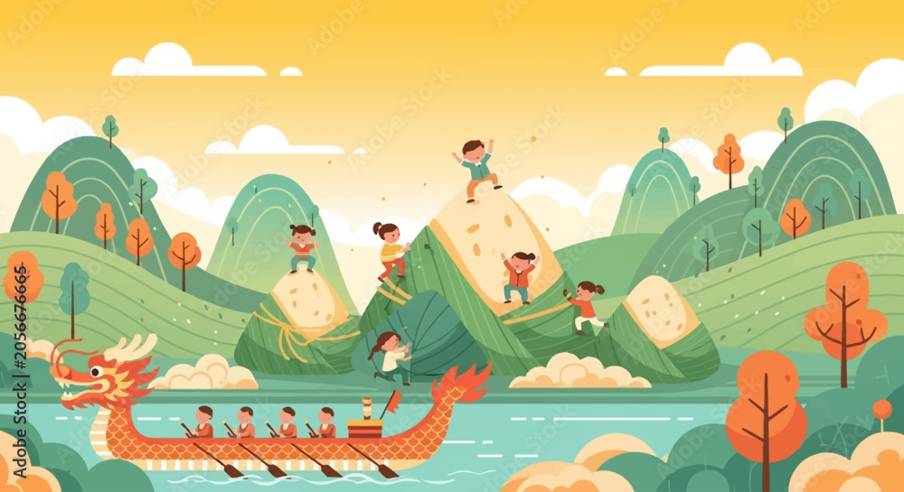 Obraz premium A vibrant illustration depicts a traditional dragon boat race with a dragon boat on a river and children playing on rice dumplings amidst rolling green hills and a warm, gradient sky.