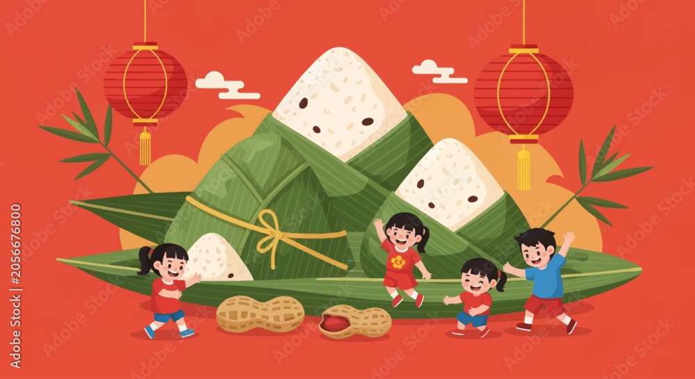 Naklejka premium Children playing happily with giant zongzi and mountains in a festive Dragon Boat Festival illustration.
