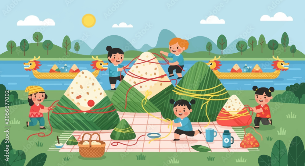 Naklejka premium Children happily making traditional zongzi dumplings by a river with dragon boats in the background.