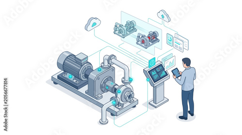Isometric industrial smart factory monitoring with AI digital twin technology and cloud data analytics for predictive maintenance and automated manufacturing process control