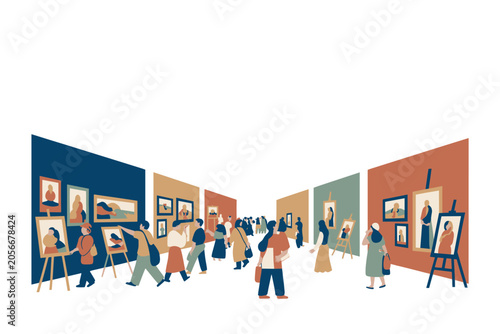 Quadro su tela People viewing paintings in a modern art gallery exhibition