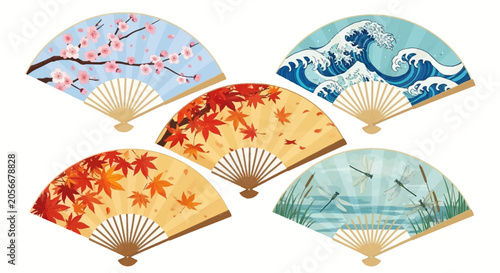 A collection of five decorative folding fans, each featuring a distinct traditional Japanese art motif.