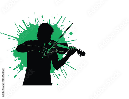 Tableau sur toile Silhouette of a violinist playing a violin with a vibrant green paint splash bac