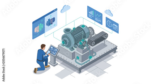 Isometric industrial engineering concept with technician monitoring automated machinery and digital data analytics for smart manufacturing and factory maintenance