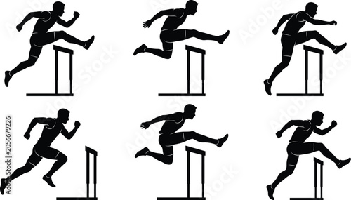 Schilderij op canvas Hurdler Silhouettes Jumping Over Obstacles