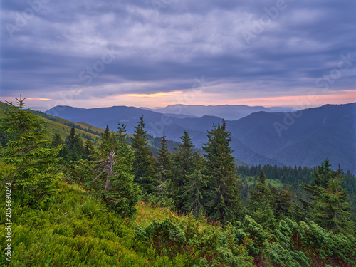A breathtaking sunset glows over rolling mountain silhouettes, with foreground spruce trees and lush greenery standing under a dramatic, cloud-filled twilight sky in this serene alpine landscape.