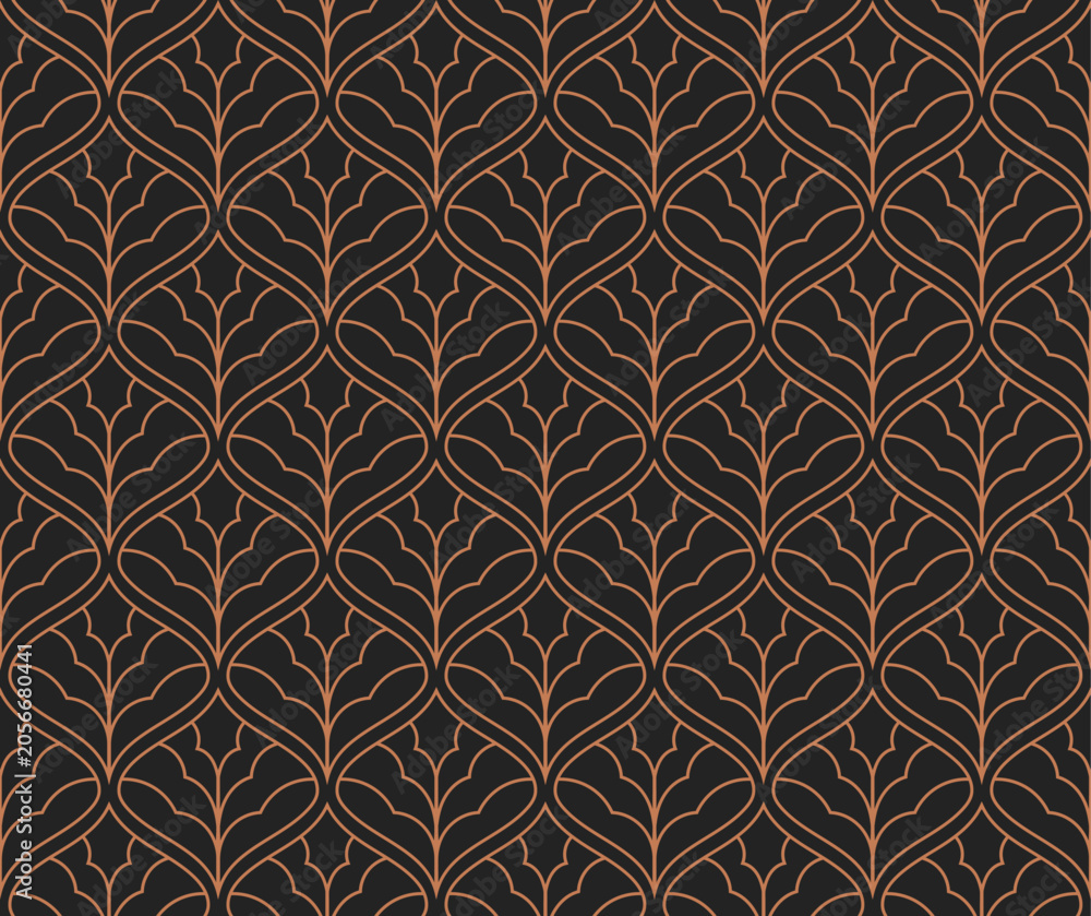Fototapeta premium Minimalist art deco leaf pattern. Seamless geometric botanical background.