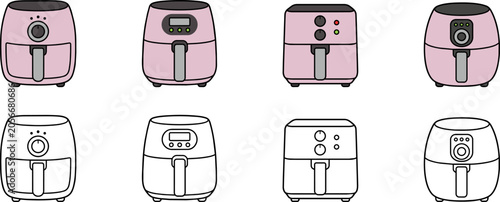 Illustration of different pink and black air fryer designs with control panels and handles in two rows, showcasing various styles and button layouts.