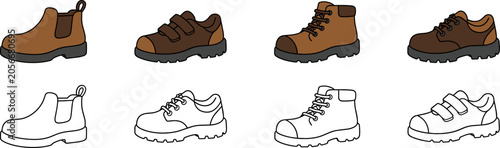 Illustration of four brown leather shoes and boots alongside their black-and-white line art versions.