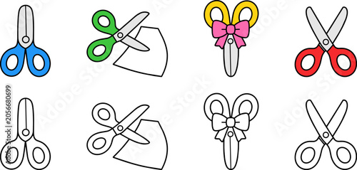 Various colorful and outlined scissors illustrations, some cutting paper, showcasing different designs and styles.